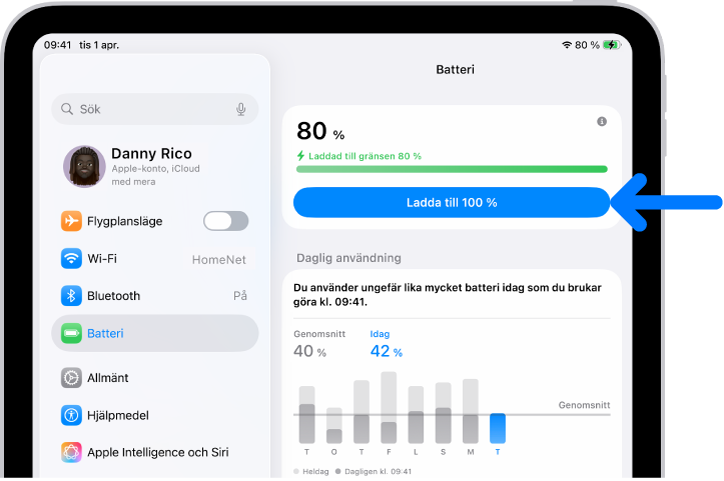 Kortet för laddningsinformation i iPads batteriinställningar. Kortet visar en laddning på 80 % med meddelandet "Laddad till gränsen 80 %". En knapp erbjuder alternativet "Ladda till 100 %".