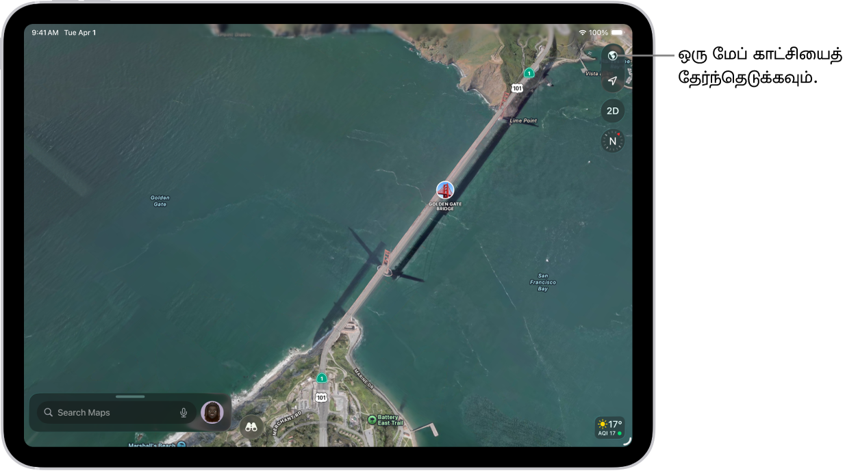 மரங்கள், ஆர்வமுள்ள இடங்கள், ஒற்றையடிப் பாதைகள் மற்றும் காட்சிமுனைகள் போன்ற இடங்களைக் காட்டும் தெரு மற்றும் பூங்கா மேப்.