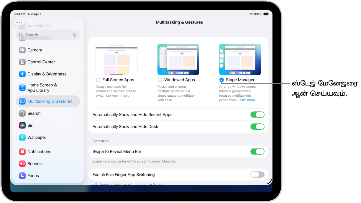 iPad அமைப்புகள் செயலியில், பல செயலிகளில் பணியாற்றுவதற்காக நீங்கள் தேர்வுசெய்யக்கூடிய “மல்டிடாஸ்க்கிங் & சைகைகள்” விருப்பங்கள் காட்டப்பட்டுள்ளன.