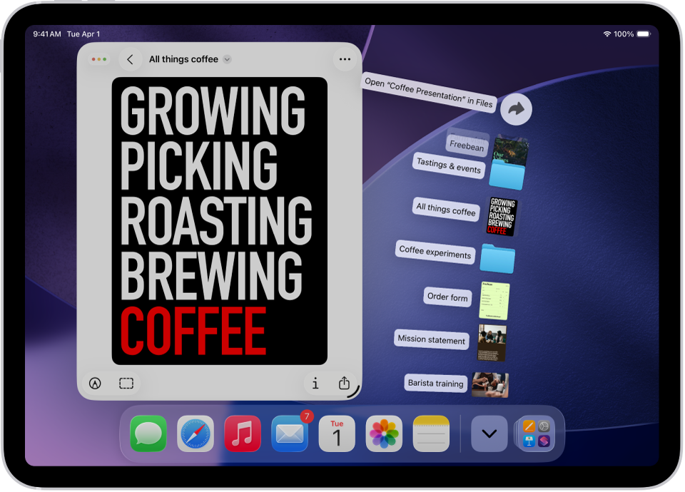 Dock నుండి తెరవగలిగే ఫైల్‌లను చూపుతున్న iPad హోమ్ స్క్రీన్.