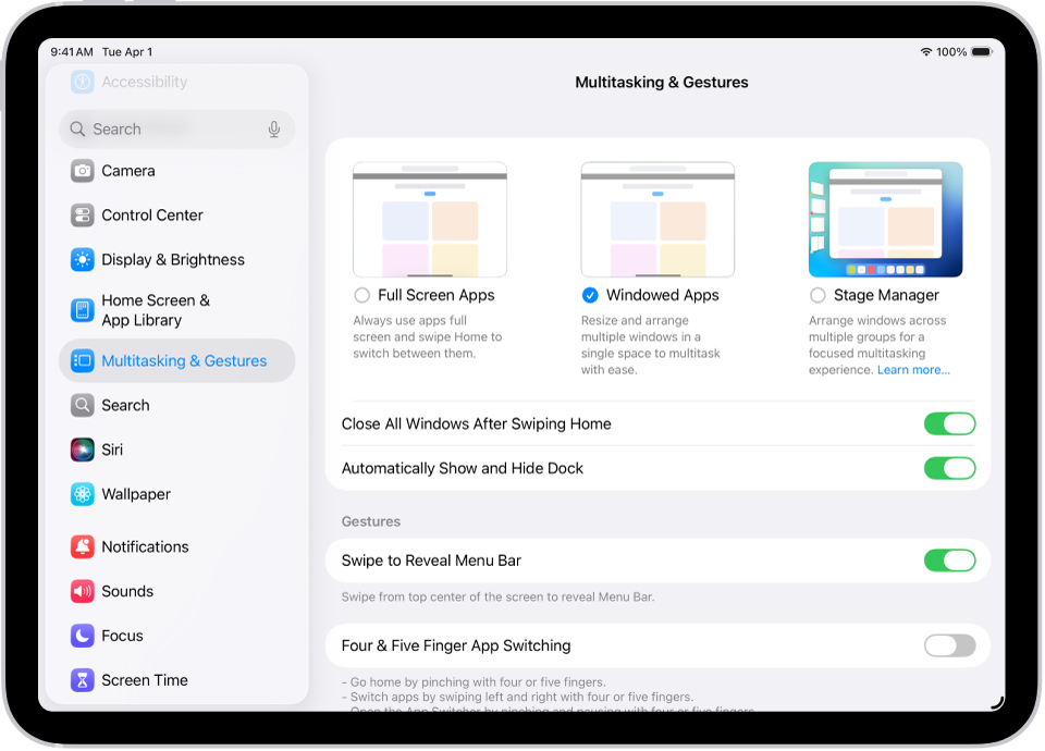 మల్టీ టాస్కింగ్, జెశ్చర్స్‌ను చూపుతున్న iPad విండో.