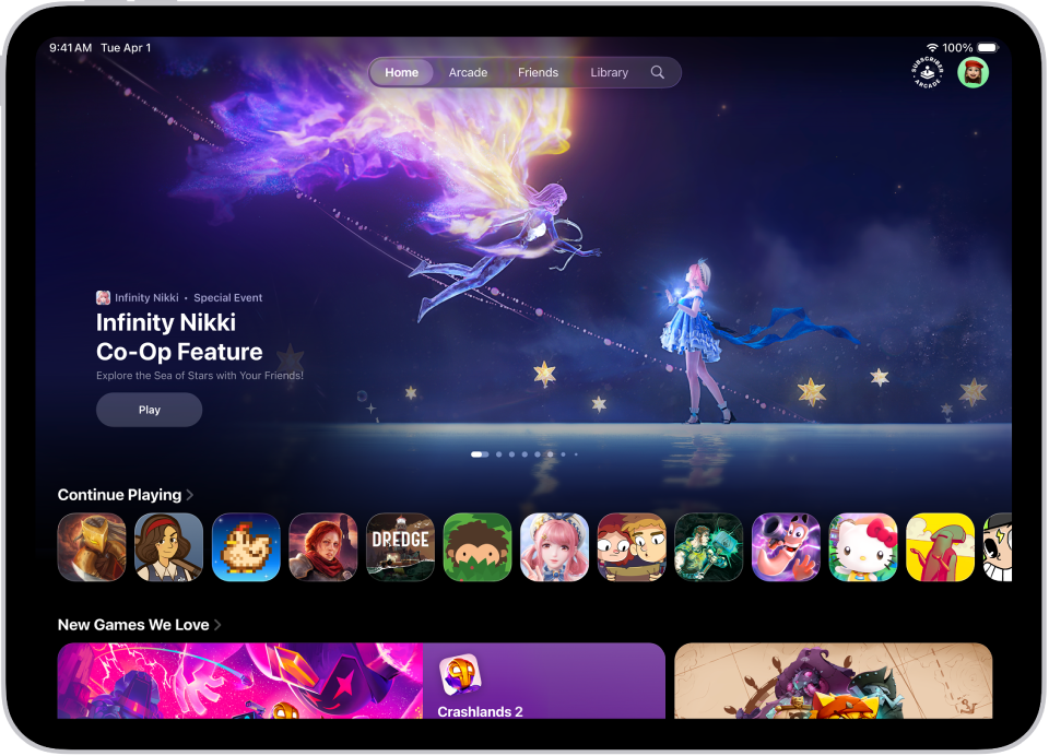 హోమ్ ట్యాబ్‌ను చూపుతున్న Apple Games యాప్, ఇది ప్రత్యేక ఇవెంట్‌ను, కొనసాగించాల్సిన గేమ్‌లను, కొత్తగా విడుదల అయిన వాటిని డిస్‌ప్లే చేస్తోంది.