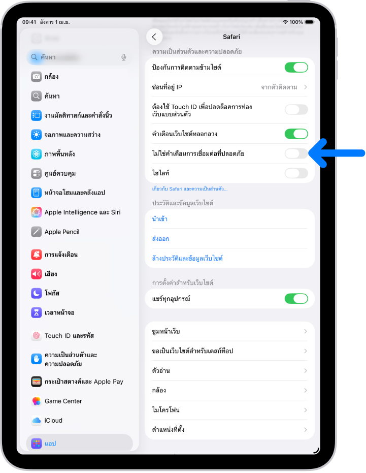 ตัวควบคุมคำเตือนการเชื่อมต่อไม่ปลอดภัยที่อยู่ด้านล่างความเป็นส่วนตัวและความปลอดภัยบนหน้าจอ Safari ในการตั้งค่า