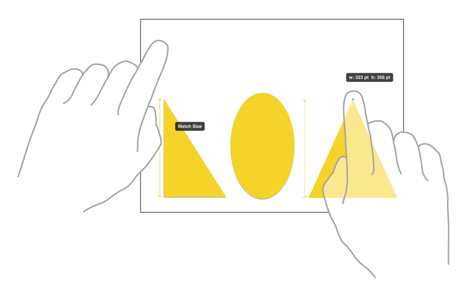 สองนิ้วของมือสองข้างกำลังเลือกและทำให้ขนาดของสองรายการตรงกันใน Freeform