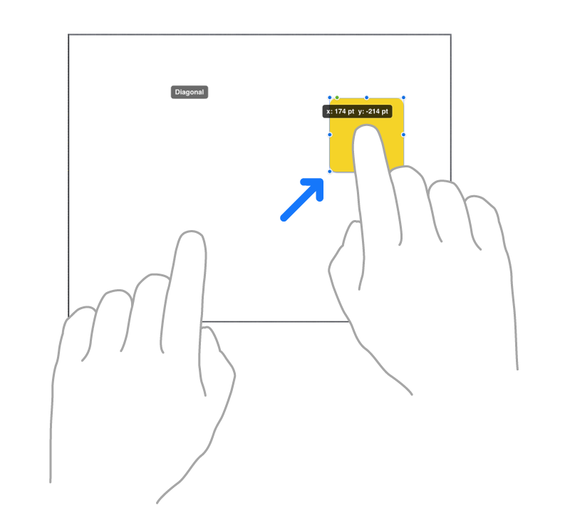 สองนิ้วของมือข้างหนึ่งกำลังย้ายรายการเป็นเส้นตรงใน Freeform