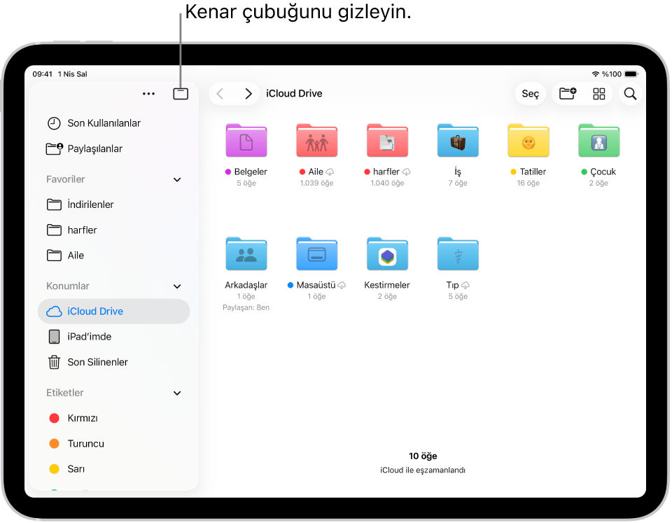 iCloud Drive’ınızdaki dosyaları ve klasörleri gösteren Dosyalar uygulaması. Ekranın üst kısmında öğeleri seçmek, yeni bir klasör oluşturmak, görüntüyü değiştirmek (Liste, Simgeler, Sütunlar) ve Arama yapmak için düğmeler bulunur.