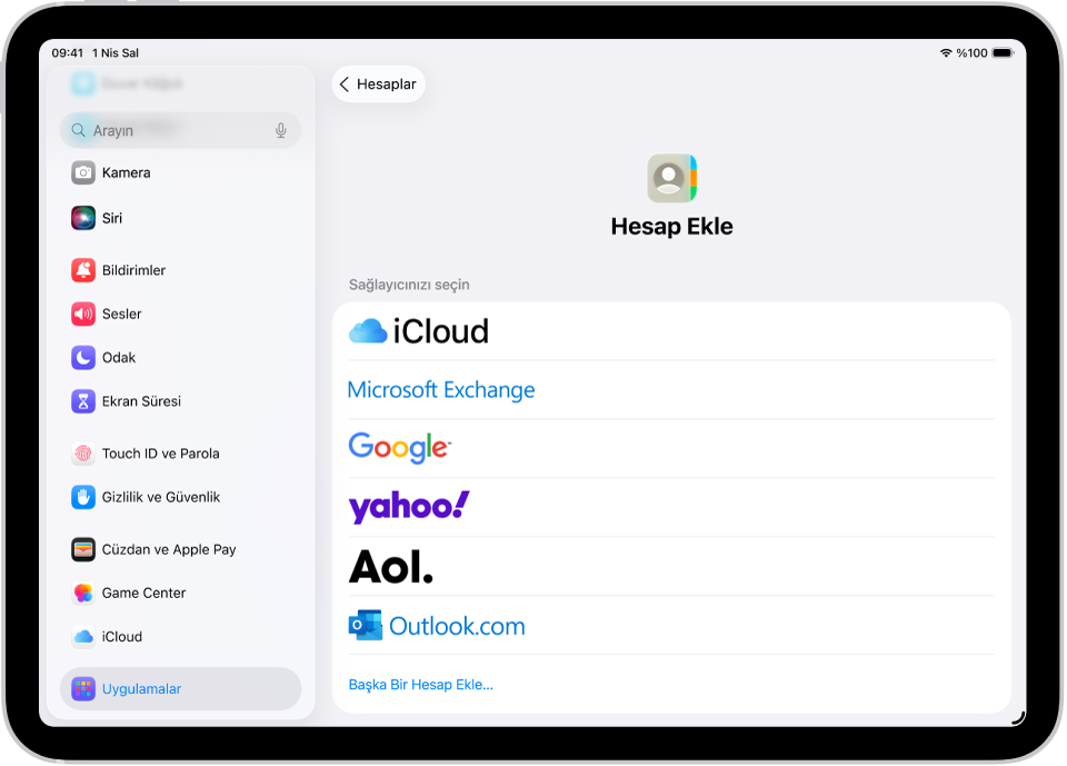 Hesap Ekle ekranı farklı kişi servislerini gösteriyor.