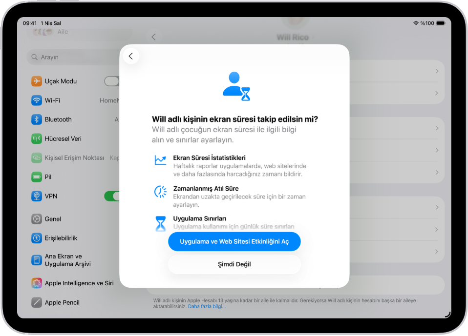 Ekran Süresi ayarlamasını gösteren bir üst pencere ile Ayarlar ekranı.