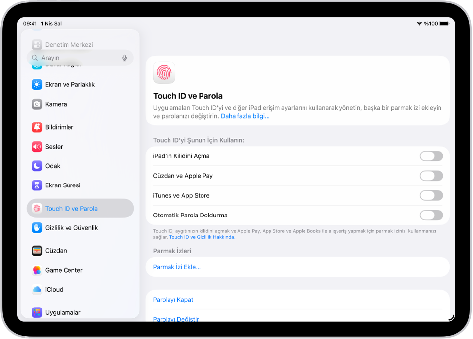 Parmak izi ekleme ve parolayı açma seçenekleri ile Touch ID ve Parola ayarlarını gösteren ekran.