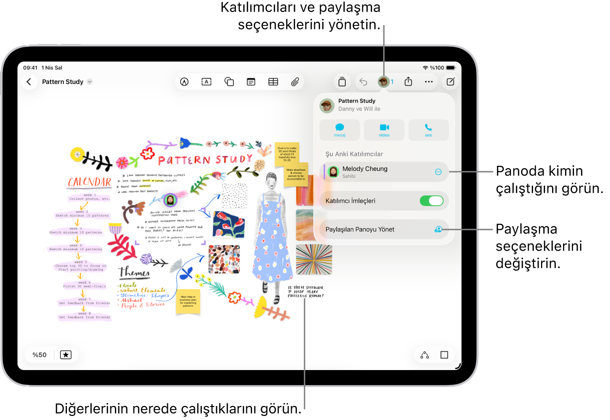 iPad’de ortak çalışma menüsü açık durumda, paylaşılan bir Freeform panosu ve renkli onay işaretleri ile işaretlenmiş panoda başka katılımcıların konumu.