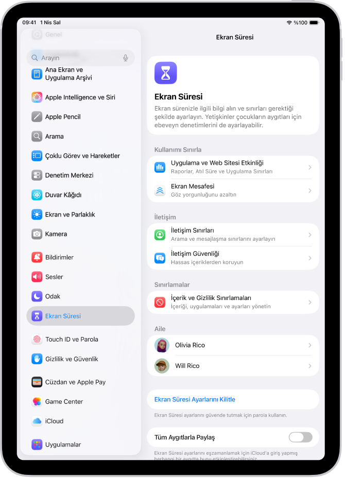 Başlamak için Uygulama ve Web Sitesi Etkinliği’ne basmayı gösteren, Ekran Süresi’ni ayarlama ekranı.