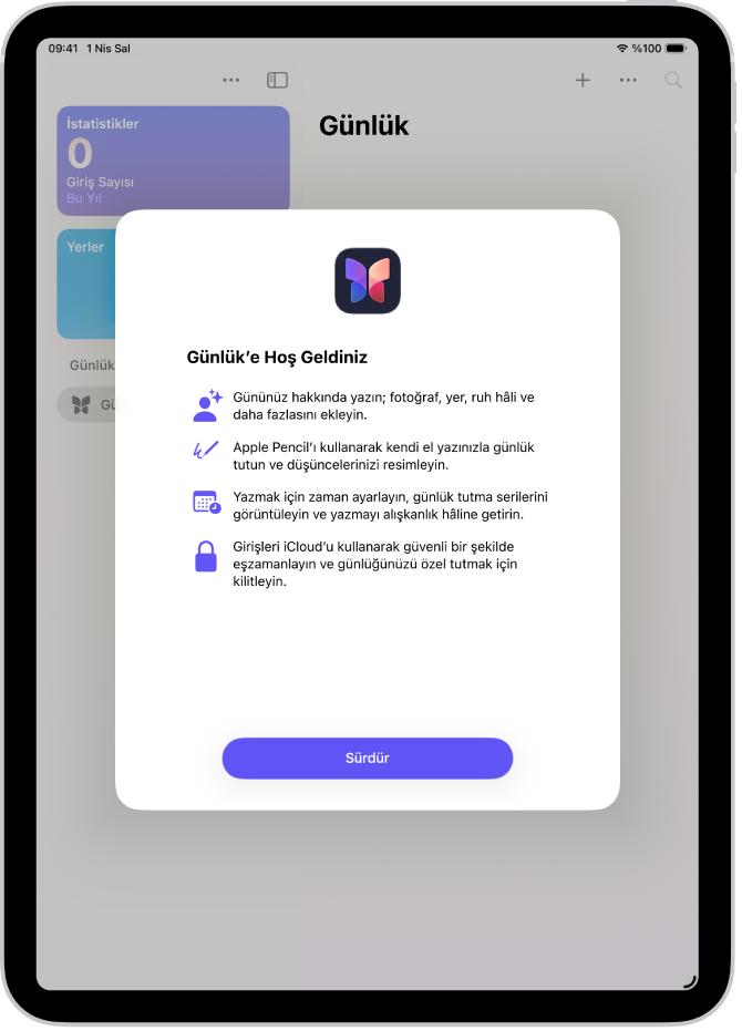 Günlük uygulaması için hoş geldiniz ekranı.