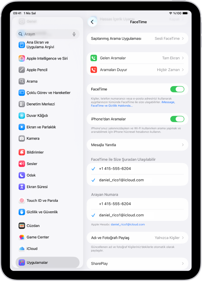 Saptanmış Arama Uygulaması seçeneğini, FaceTime’ı açma veya kapatma denetimini ve FaceTime için kullanılan Apple Hesabı’nı gösteren FaceTime Ayarları ekranı.