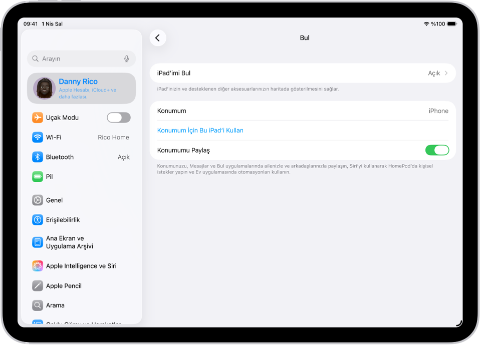 iPad’imi Bul’u ve Konumumu Paylaş’ı açma seçenekleriyle Bul uygulaması ayarlarını gösteren bir ekran.