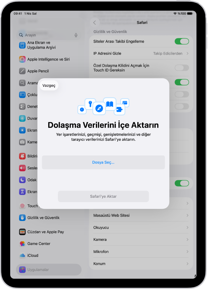 Dolaşma Verilerini İçe Aktarın ekranı, başka bir web tarayıcıdaki verilerin Safari’ye aktarıldığını gösteriyor.