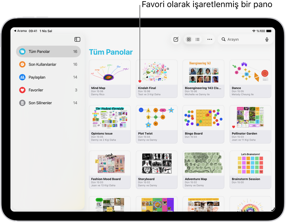 iPad’de Freeform açık. Kenar çubuğunda Tüm Panolar seçili ve sağda pano küçük resimleri görünüyor.