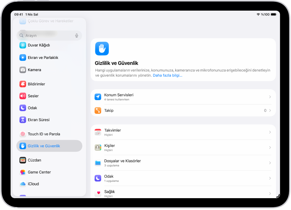 Konum Servisleri ve Takip Etme gibi Gizlilik ve Güvenlik seçeneklerini gösteren bir Ayarlar ekranı.