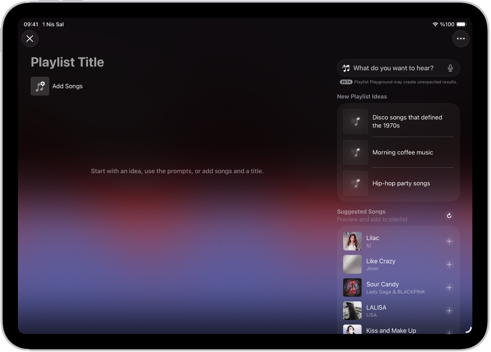 Playlist Playground, Apple Music’te açık ve başlık alanını, Parça Ekle düğmesini ve altında liste önerileri olan bir arama alanını gösteriyor.