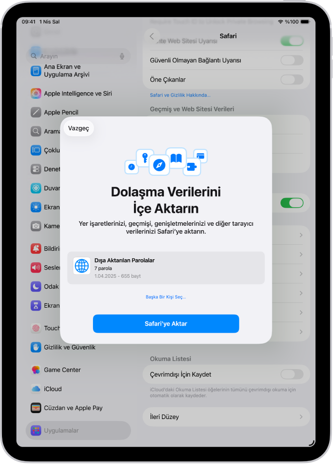 Dolaşma Verilerini İçe Aktarın ekranında içe aktarılacak, başka bir parola yöneticisine ait parolaların CSV dosyası gösteriliyor.