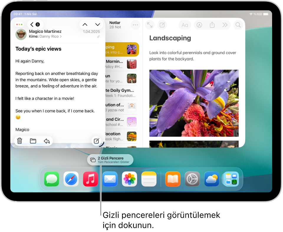 iPad ekranında iki uygulama açık ve dokunulduğunda hedef uygulamadaki tüm açık pencereleri gösteren, kapsül şeklindeki Tüm Pencereleri Göster düğmesi var.
