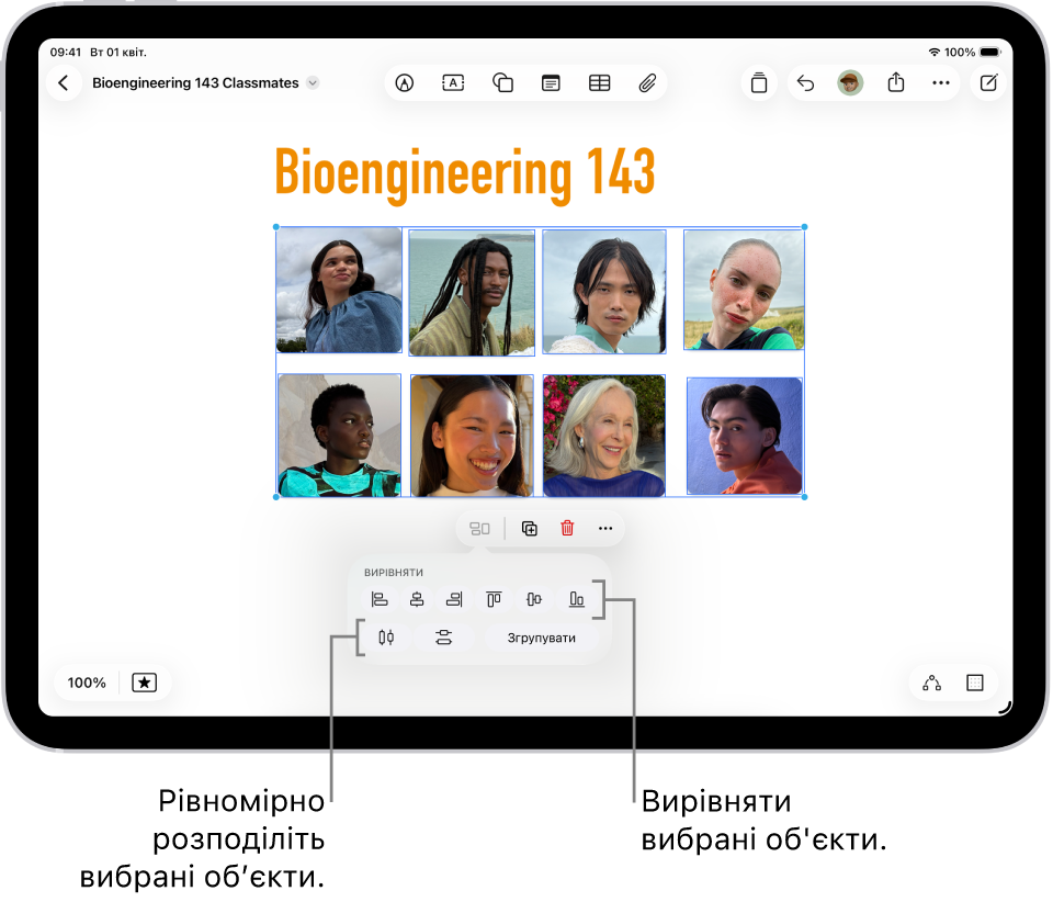 Дошку Freeform заповнено сіткою фотографій. Вибрано кілька фотографій, і під ними відображаються інструменти вирівнювання та групування.