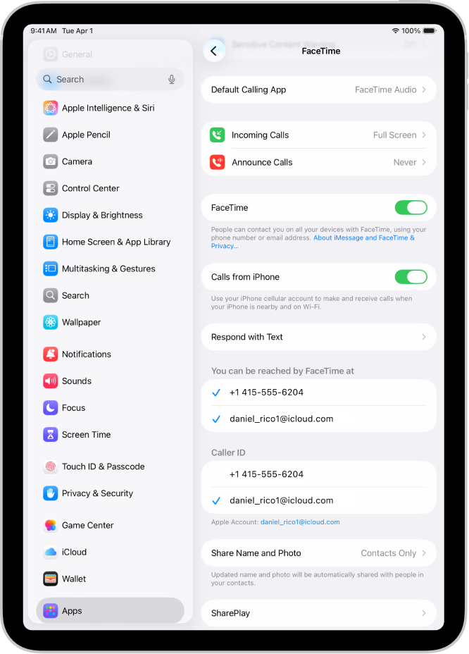 ‏FaceTime سیٹنگ کی اسکرین جس میں ڈیفالٹ کالنگ ایپ کا اختیار، FaceTime کو چالو یا بند کرنے کا کنٹرول اور FaceTime کے لیے استعمال کیا جا رہا Apple اکاؤنٹ دکھایا جا رہا ہے۔