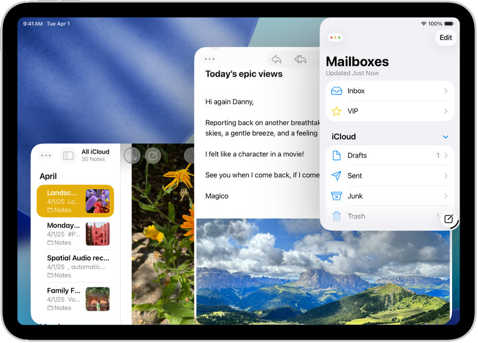‏iPad کی اسکرین جس میں Mail ایپ کی دو ونڈو اور نوٹ ایپ کی ایک ونڈو میں کام کی پیش رفت دکھائی جا رہی ہے۔