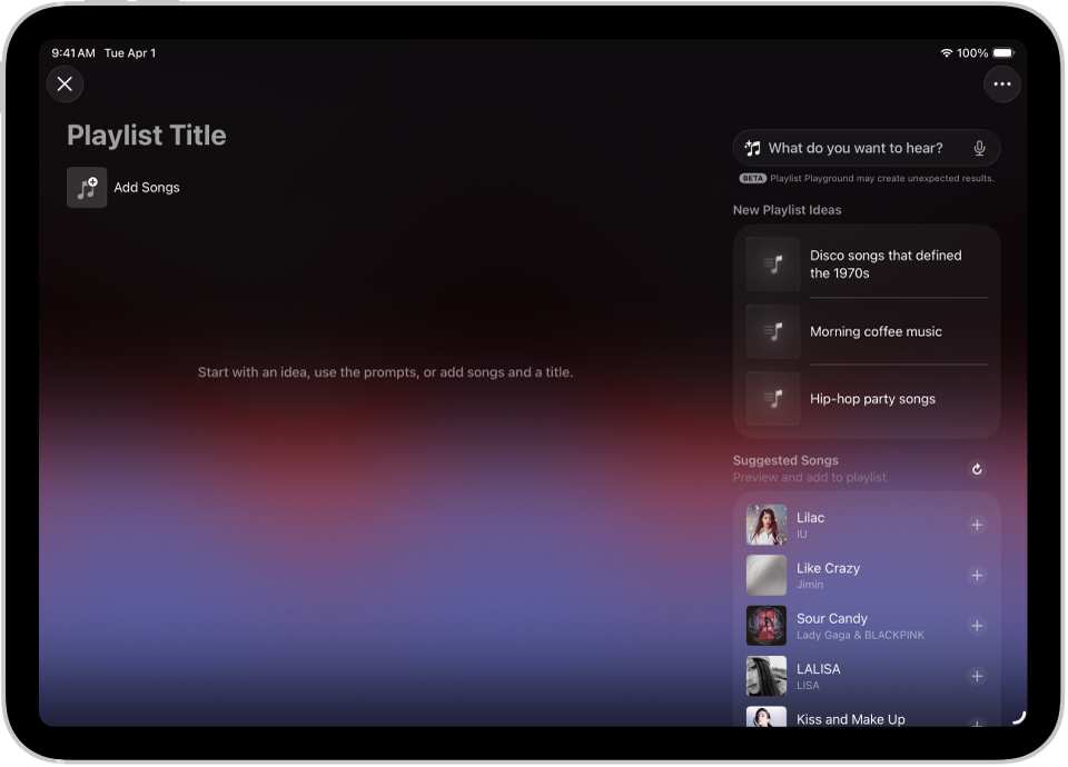 Apple Music میں Playlist Playground کھلا ہوا ہے، جس میں عنوان کا خانہ، “گانے شامل کریں” بٹن اور اس کے نیچے پلے لسٹ کی تجاویز کے ساتھ تلاش کا خانہ دکھایا جا رہا ہے۔
