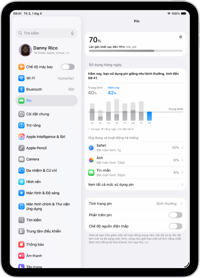 Màn hình Pin trong Cài đặt trên iPad. Màn hình này hiển thị đồ thị mức sử dụng hàng ngày, một danh sách các ứng dụng với mức tiêu thụ pin của chúng, cũng như các cài đặt cho Tình trạng pin, Phần trăm pin và Chế độ nguồn điện thấp.