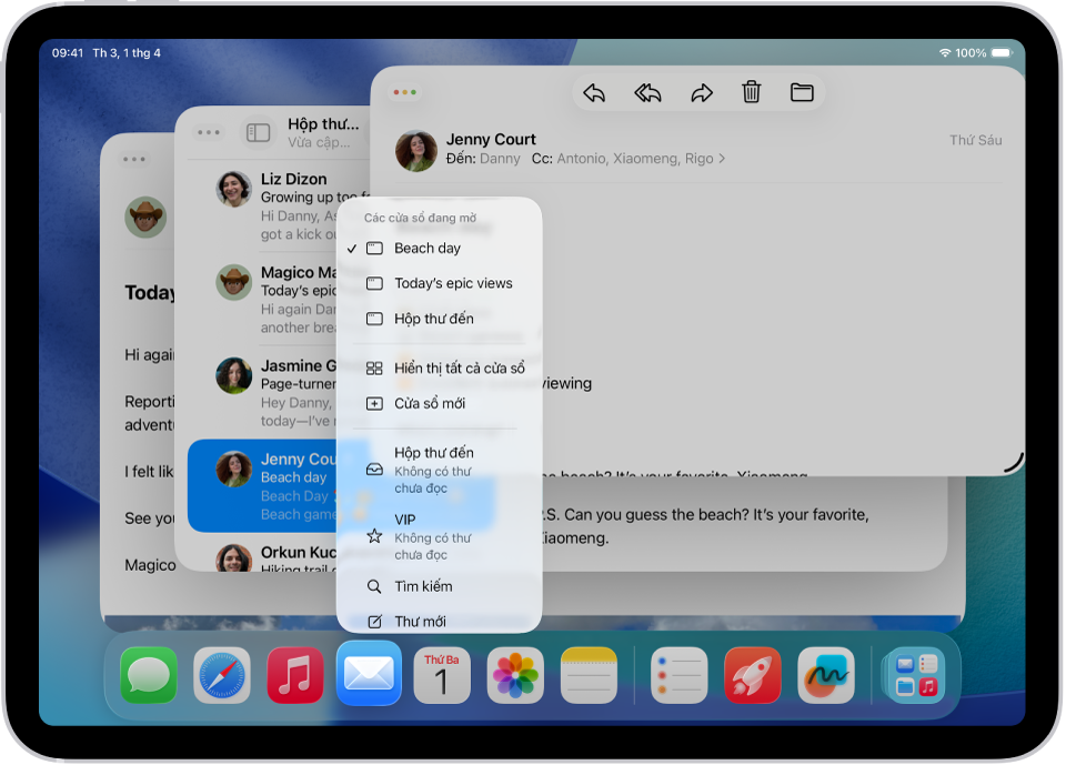 Một màn hình iPad với các cửa sổ đang mở cho ứng dụng Mail và đang hiển thị menu ứng dụng cho ứng dụng đó ở một trong các cửa sổ.