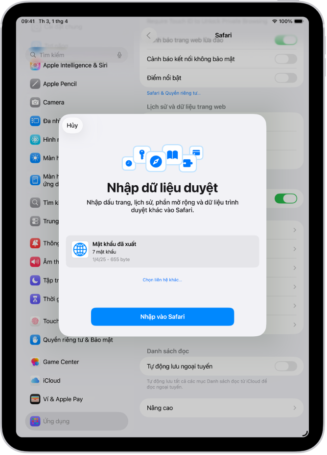 Màn hình Nhập dữ liệu duyệt đang hiển thị tệp CSV của mật khẩu từ một trình quản lý mật khẩu khác sẽ được nhập.