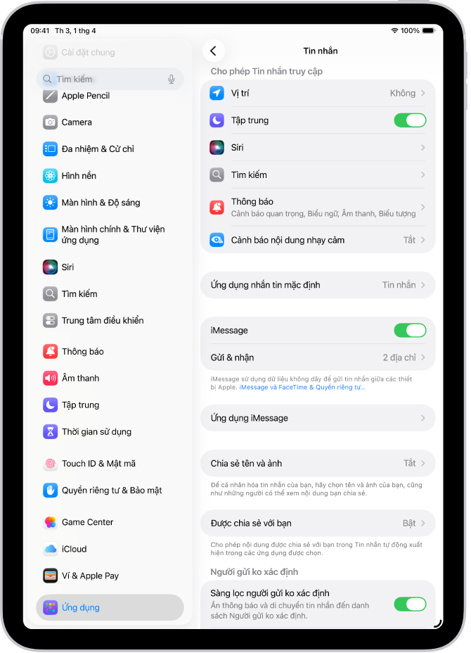 Khung cài đặt Tin nhắn với iMessage được bật.
