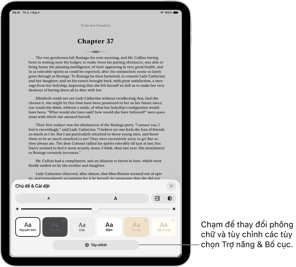 Một trang sách trong ứng dụng Sách. Tùy chọn Chủ đề & Cài đặt hiển thị các điều khiển cho cỡ chữ, chế độ xem cuộn, kiểu lật trang, độ sáng và kiểu phông chữ.