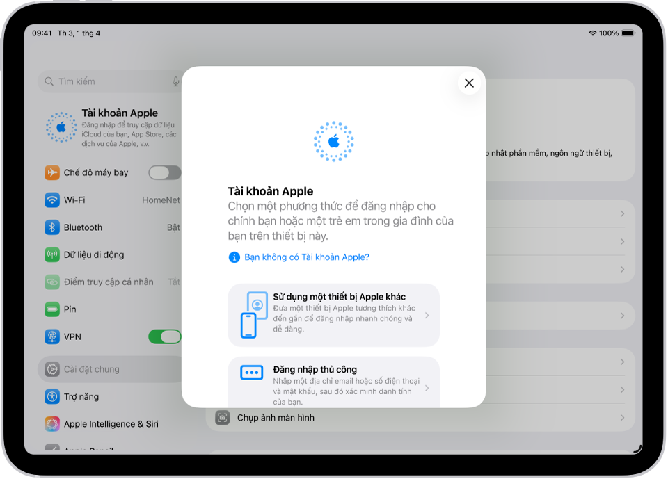 Màn hình Cài đặt, với hộp thoại đăng nhập Tài khoản Apple ở giữa màn hình.