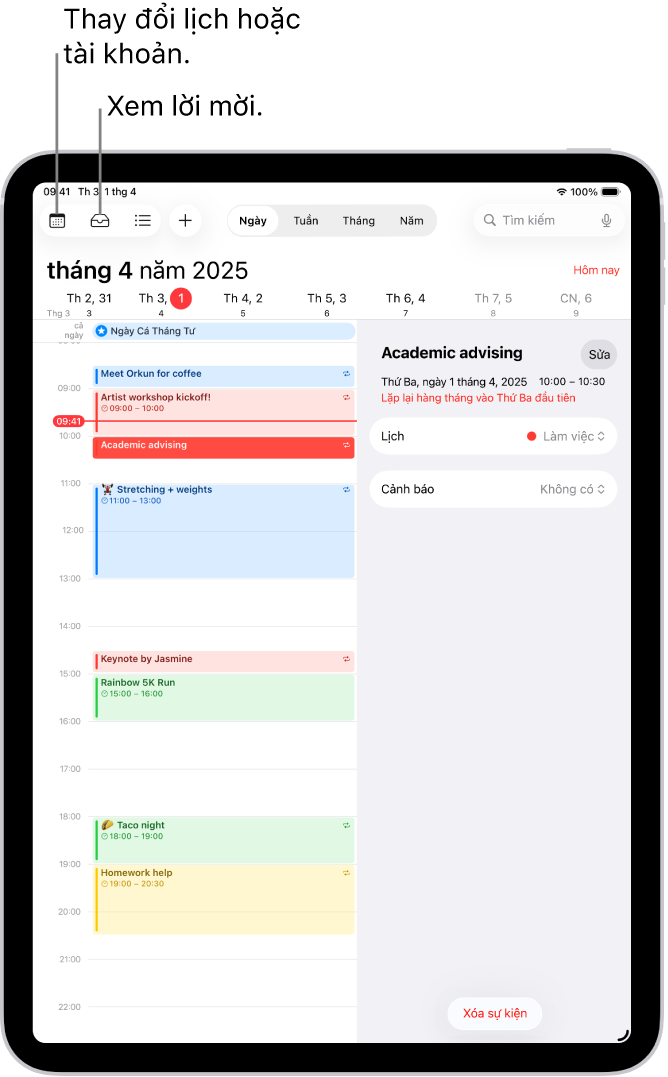 Lịch trong chế độ xem Ngày. Các nút ở trên cùng ở giữa cho phép bạn thay đổi chế độ xem giữa Ngày, Tuần, Tháng và Năm. Nút Lịch ở trên cùng bên trái của màn hình và nút Hộp thư đến ở gần trên cùng bên trái.