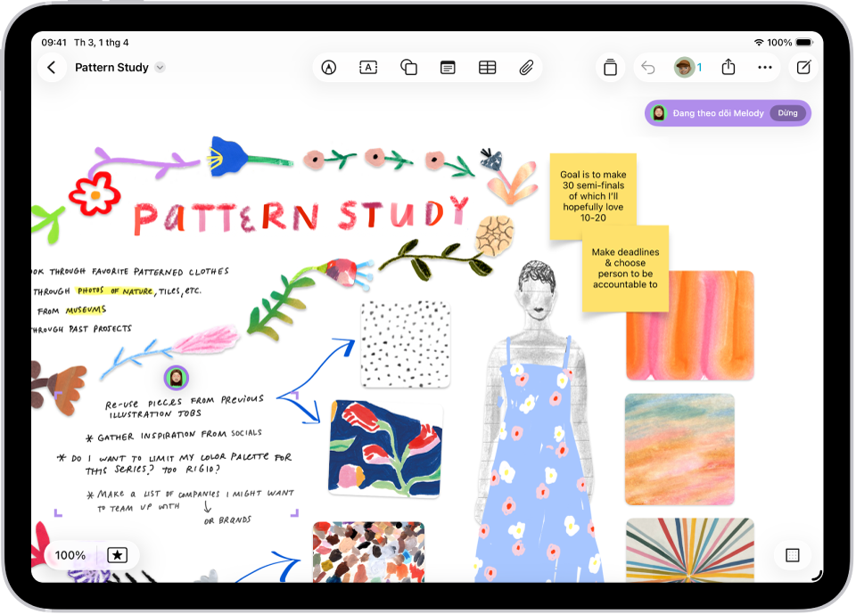 Có người đang theo dõi bảng Freeform của người khác. Lựa chọn của người khác được đánh dấu bằng hình đại diện và dấu tick màu.
