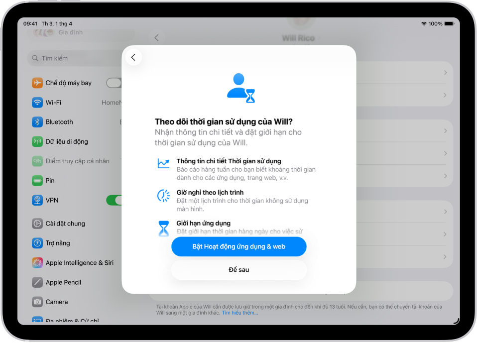 Một màn hình Cài đặt với một cửa sổ bật lên đang hiển thị quá trình thiết lập Thời gian sử dụng.