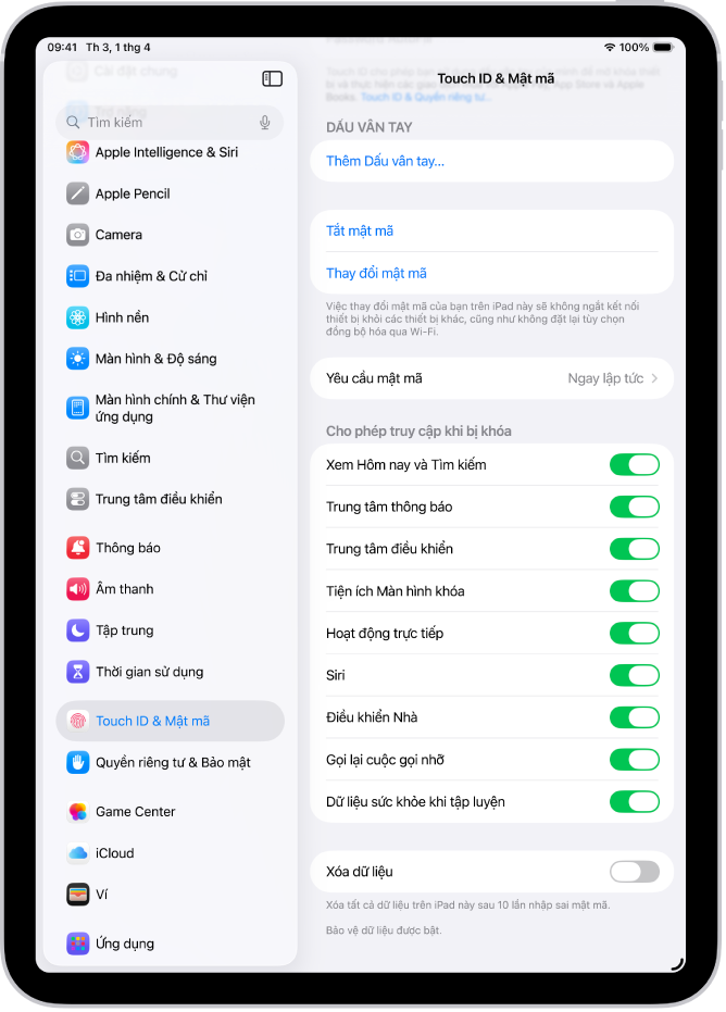 Cài đặt Face ID & Mật mã, với các tùy chọn để cho phép truy cập vào các tính năng cụ thể khi iPad được khóa.