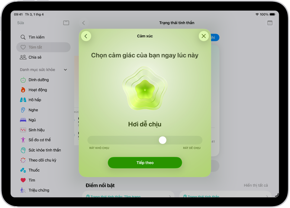 Một màn hình trong ứng dụng Sức khỏe đang xác định tâm trạng hiện tại là Hơi dễ chịu. Ở cuối màn hình là một thanh trượt để điều chỉnh mức độ của cảm xúc.