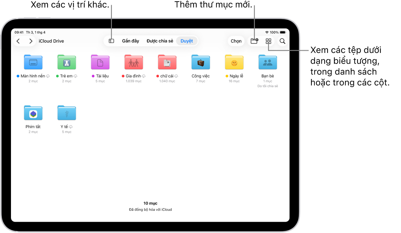 Ứng dụng Tệp đang hiển thị nhiều thư mục và vị trí có tên là Tải về, Thư, Gia đình, v.v. Ở cuối màn hình là các nút cho tệp Gần đây, tệp Được chia sẻ và tab Duyệt.
