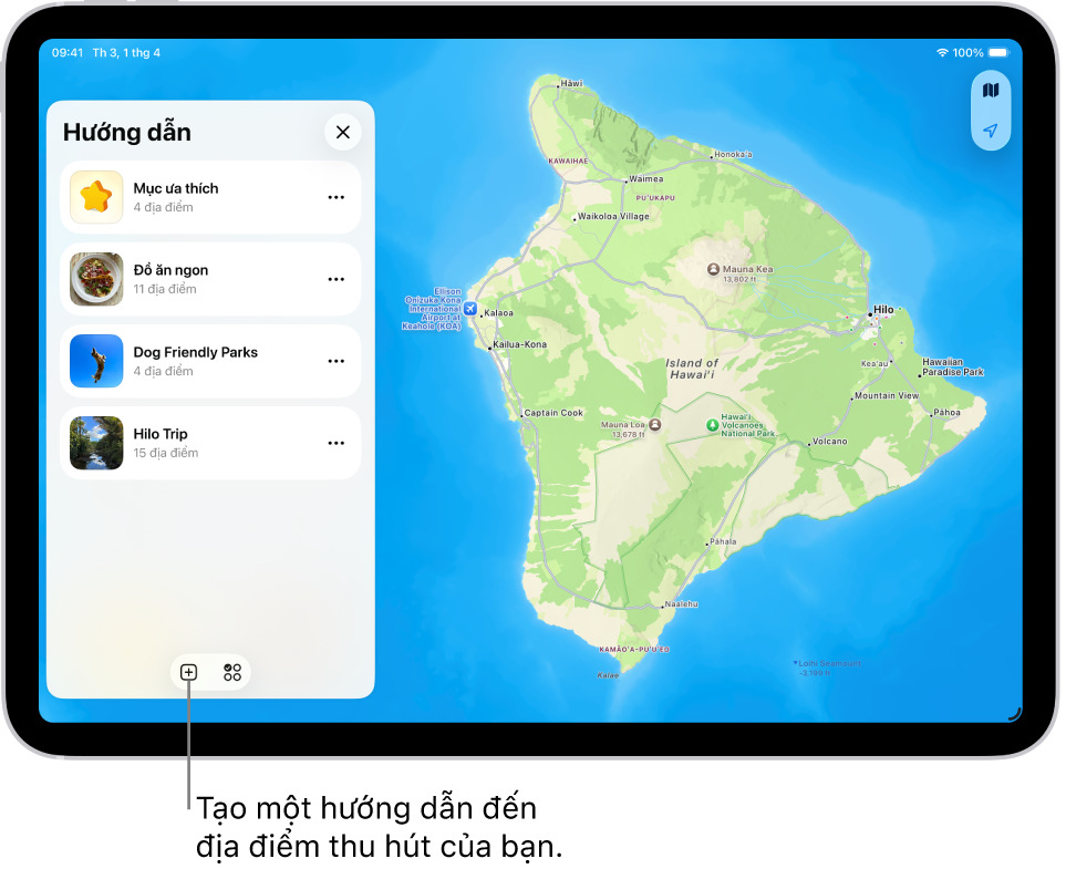 Một hướng dẫn tùy chỉnh được tạo trong Bản đồ trên iPad đang hiển thị một danh sách các địa điểm ở bên trái và các vị trí tương ứng được đánh dấu trên bản đồ ở bên phải.