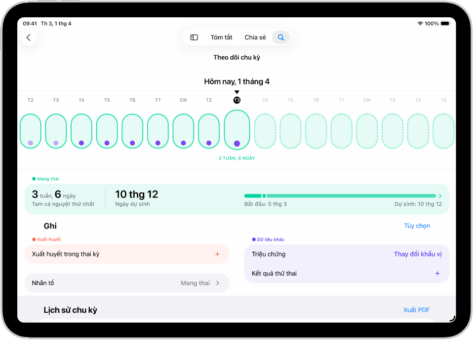Màn hình Theo dõi chu kỳ với dòng thời gian thai kỳ cho một tuần ở đầu màn hình. Các hình bầu dục màu lục nhạt và các dấu chấm màu tía đánh đấu 7 ngày đầu tiên trên dòng thời gian. Các hình tròn màu lục nhạt có gạch ngang đánh dấu những ngày khác trên dòng thời gian. Bên dưới dòng thời gian là tóm tắt thai kỳ đang hiển thị tuổi thai, ngày bắt đầu và ngày dự sinh ước tính. Bên dưới tóm tắt thai kỳ là các tùy chọn để thêm thông tin về xuất huyết trong thai kỳ, triệu chứng, v.v.