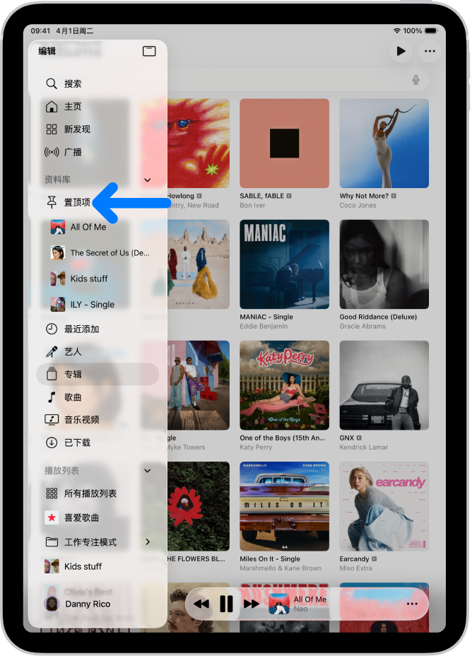 左侧边栏中的箭头指向置顶项目,如歌曲、专辑和播放列表,右侧显示专辑。迷你播放程序位于底部。
