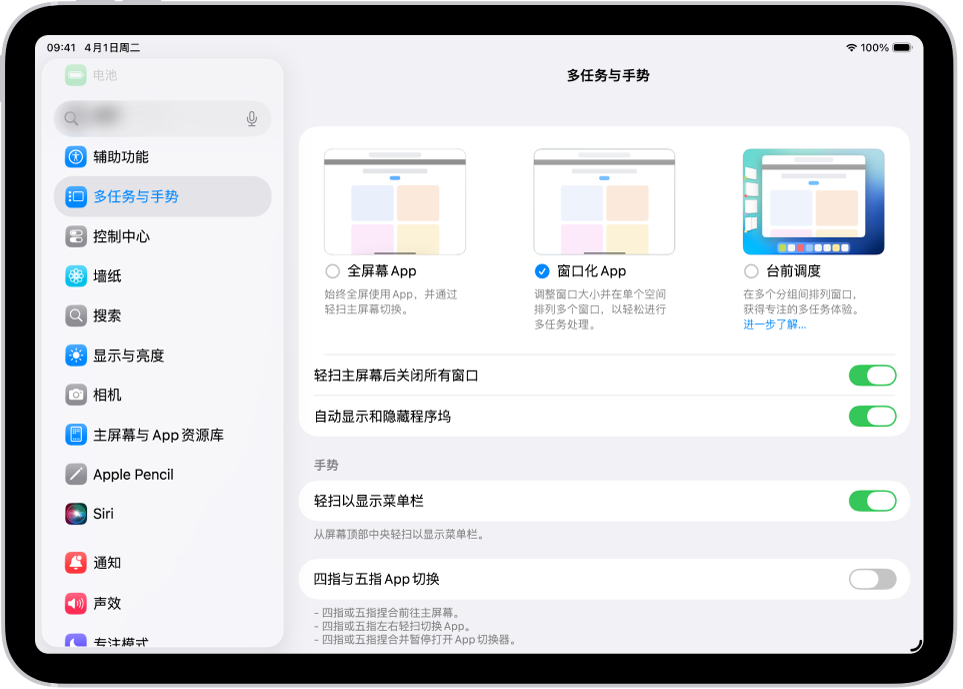 iPad 窗口显示“多任务与手势”设置。