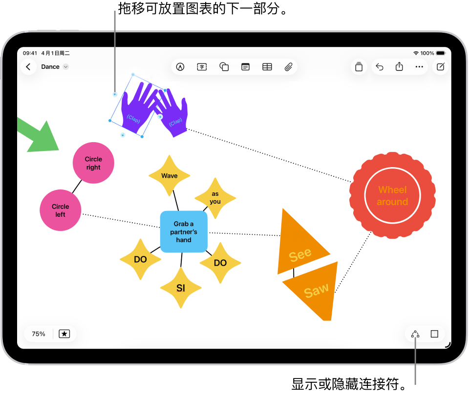 “无边记”看板上的图示,所选形状上显示连接符。