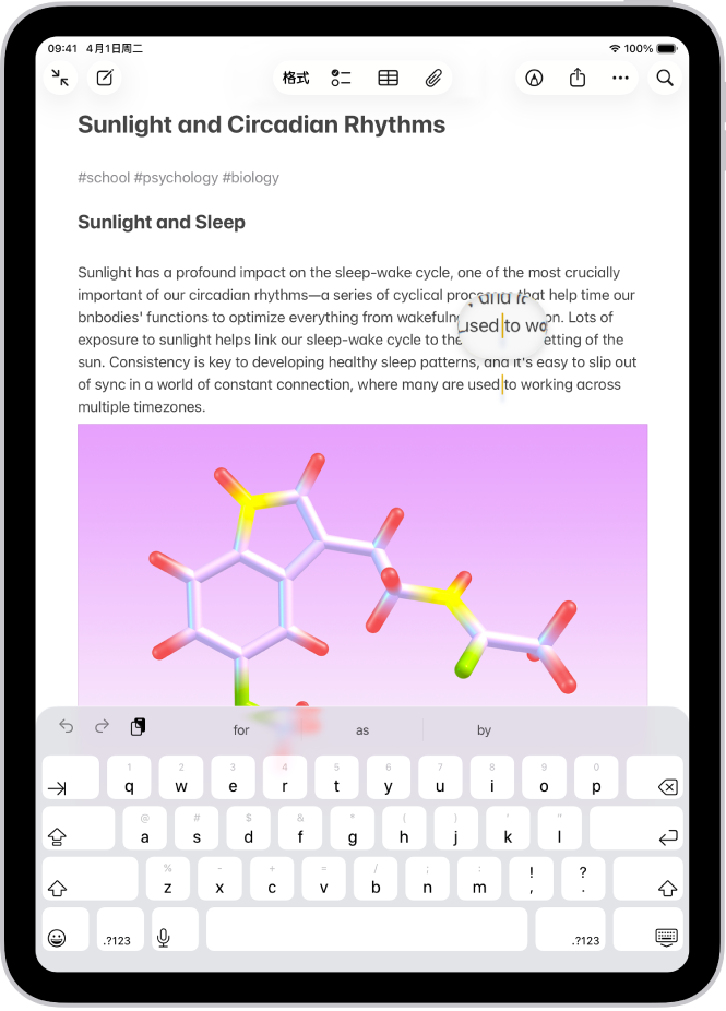 备忘录显示插入点放在文本将被插入或编辑的位置。附近文本被放大，更易于放置插入点。