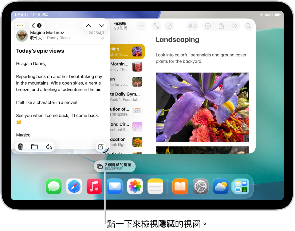 iPad 螢幕顯示兩個打開的 App 和膠囊形狀的「顯示所有視窗」按鈕,點一下該按鈕即可顯示目標 App 所有打開的視窗。