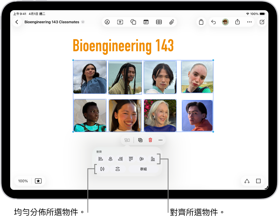 含有格狀照片的「無邊記」白板。已選取多張照片,其下方顯示對齊和分組工具。