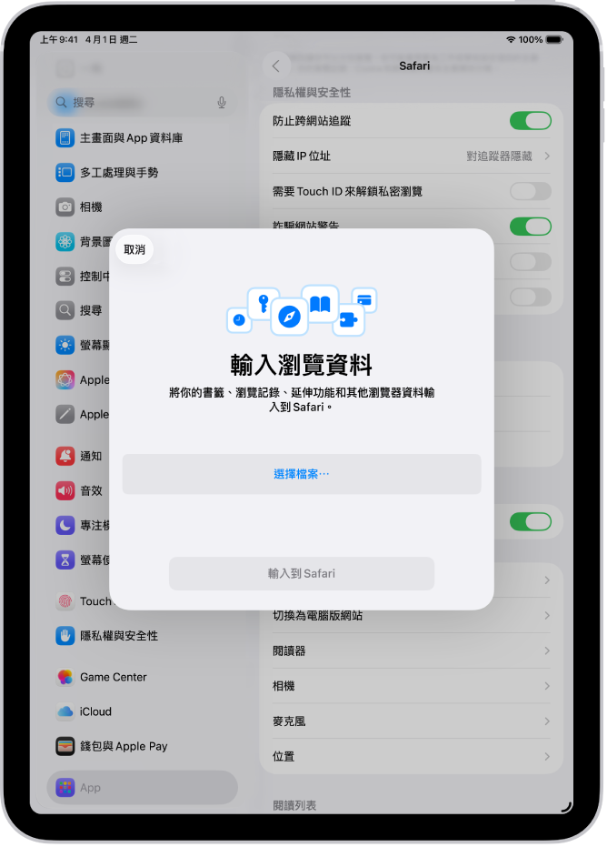 「輸入瀏覽資料」畫面顯示要從其他瀏覽器輸入到 Safari 的資料。