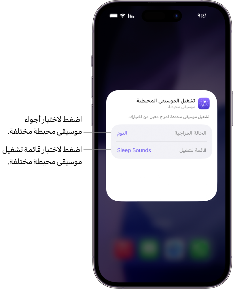 شاشة iPhone تعرض خيارات الحالة المزاجية وقائمة التشغيل في الحجم الصغير لأداة الموسيقى المحيطة